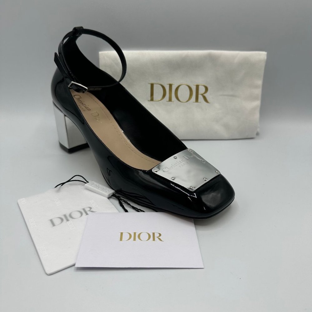 Dior La Parisienne Black Patent Leather Pump with Silver Heel & Ankle Strap FW22 - Picture 3 of 12